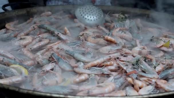 Повар Перемешивает Жарит Очищенные Креветки Большой Сковороде — стоковое видео