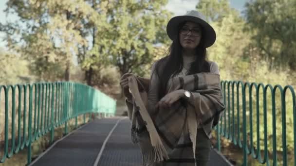 一个戴着帽子的迷人的年轻女子在秋天的公园里沿着湖上的一座桥散步 美丽的女子在公园散步时在黄叶上的秋天肖像 — 图库视频影像