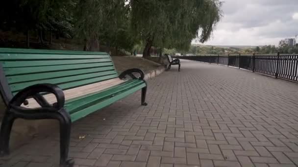 Camera Beweging Voor Een Lege Meer Promenade Een Stadspark Bewolkte — Stockvideo
