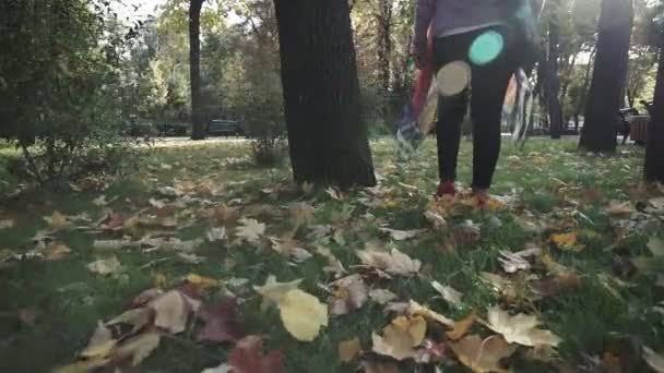 Caucasian Woman Walking Autumn Park — Stock Video