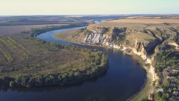 Верхний Вид Днестр Осенью Река Окружает Желтое Поле Зеленый Лес — стоковое видео