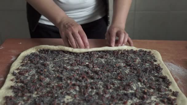 Woman Rolls Dough Jam Baking — Stock Video