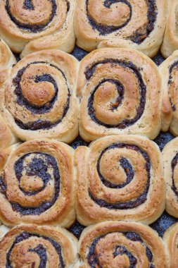 Fırından yeni çıkmış kuru üzümlü altın sarısı tarçınlı rulo.