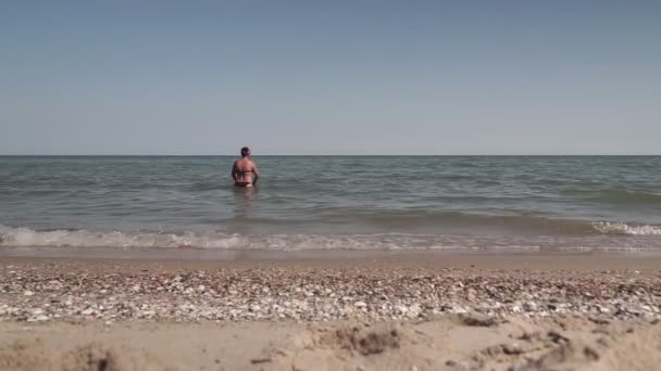 ビーチバケーションで海で介護無料の中年女性 — ストック動画