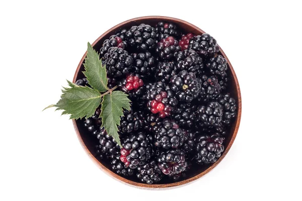 Blackberries Wooden Bow Ripe Tasty Black Berry Isolated White Blackberries — Stock Photo, Image