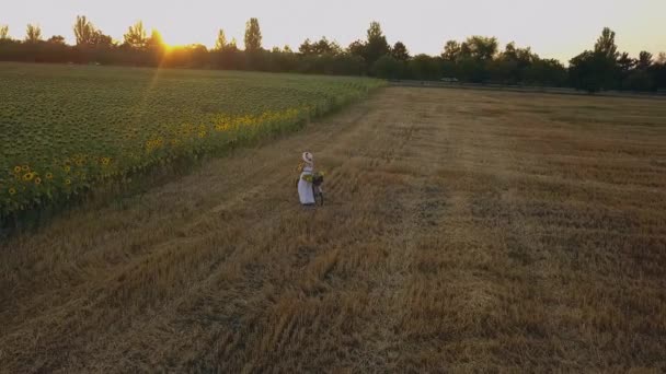 Vue Dessus Une Femme Robe Blanche Conduisant Vélo Sur Champ — Video