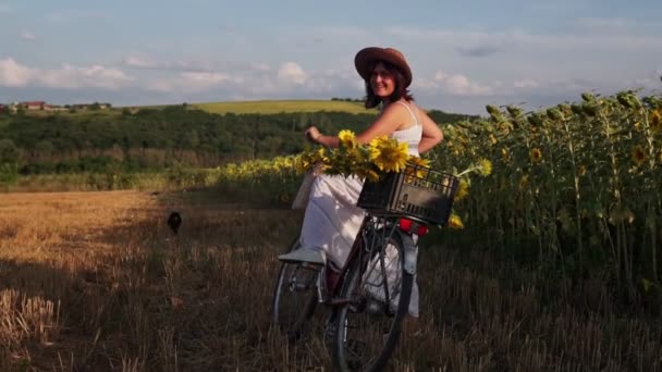 Žena Klobouku Bílých Šatech Bicyklem Prochází Pylem Slunečnicemi — Stock video