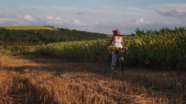 Una Mujer Con Sombrero Vestido Blanco Con Una Bicicleta Paseos — Vídeos de Stock