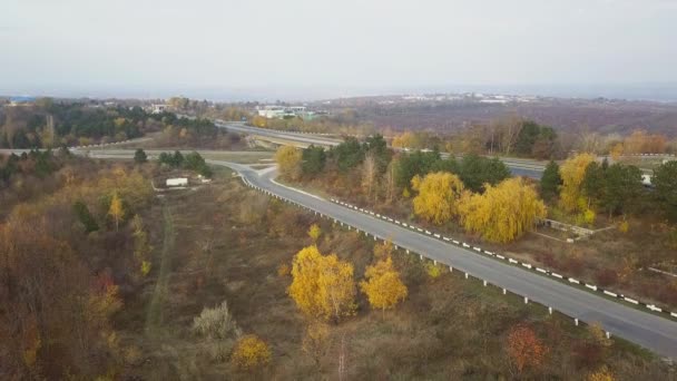 絵のように美しい田園地帯を走る美しい秋の自然と道路の上を飛ぶ空の景色。道路秋の風景空撮。秋の日にカラフルな風景をリードする車の運転道路. — ストック動画