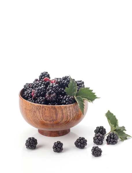 Blackberries Wooden Bow Ripe Tasty Black Berry Isolated White Blackberries — Stock Photo, Image