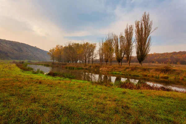 Răsărit Soare Peste Mic Râu Cețos — Fotografie, imagine de stoc