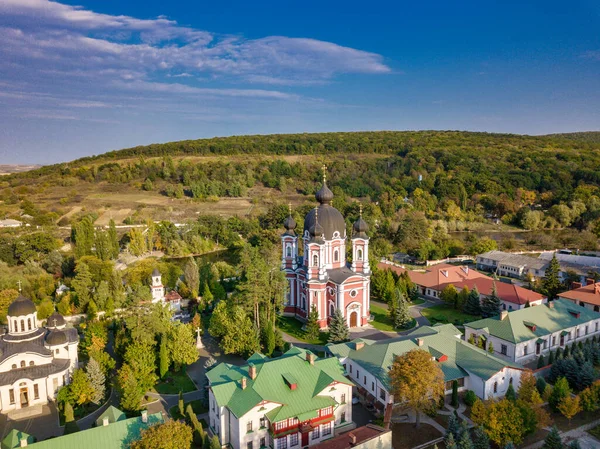 在被秋天的森林包围的基督教修道院上空飞行 摩尔多瓦共和国库尔基修道院 — 图库照片