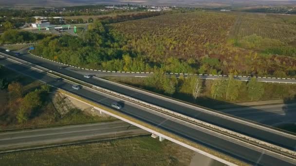 Vista Aerial Voando Acima Queda Impressionante Natureza Estrada Atravessando Campo — Vídeo de Stock