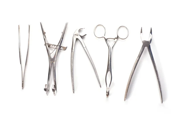 Reihe Verschiedener Zahnärztlicher Werkzeuge Isoliert Auf Weiß — Stockfoto