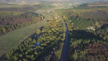 Sonbaharda renkli ormanın havadan görünüşü ve yol kesimi