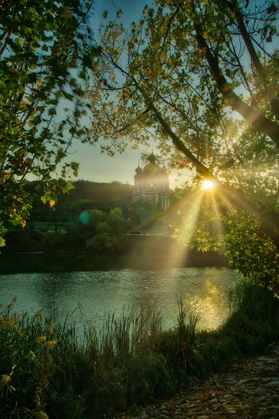 Bright Sun Beams Shining Trees Magestic Autumn Sunset — Stock Photo, Image