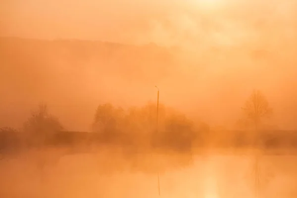 Sonnenaufgang Über Dem Nebligen See Stöcke Vordergrund Seeufer Sonne Geht — Stockfoto