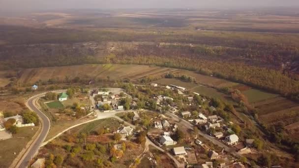 Aerial Small Village Fog Moldova Republic — стоковое видео