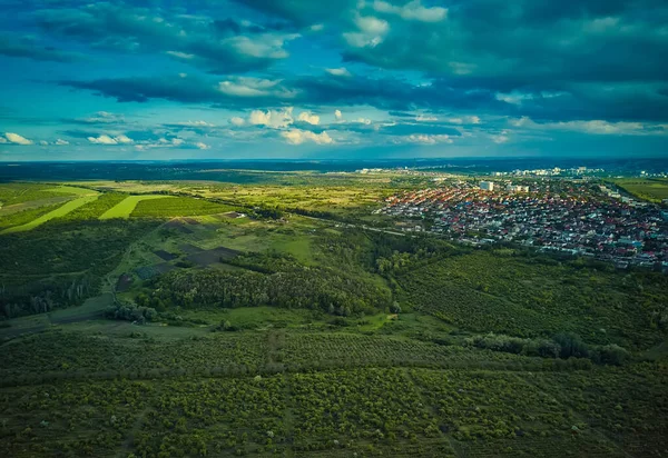 Aerial View Drone Aerial View Amazing Sunset Suburbs City Far — Stock Photo, Image