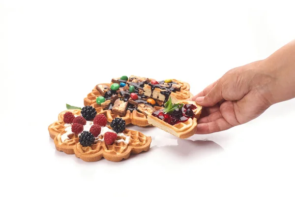 Kız Yaban Mersini Reçelli Waffle Kahveli Kahvaltı Servis Etti Beyaz — Stok fotoğraf