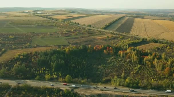 AERIAL View літає над приголомшливою осінньою природою та дорогою, що проходить через мальовничу сільську місцевість. Дорога в осінні пейзажі повітряний постріл. Автомобільна дорога крізь барвистий пейзаж осінній день . — стокове відео