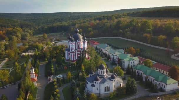 Let Nad Křesťanským Klášterem Obklopeným Podzimním Lesem Klášter Kurky Moldavská — Stock video