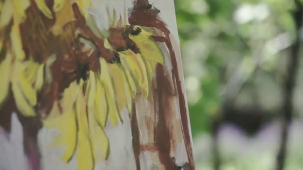 Artist Paints Picture Brush Canvas Open Air — Stock Video