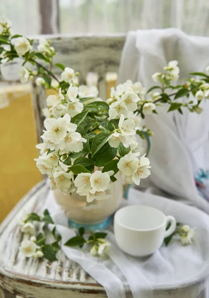 Jasmin Blüht Einer Weißen Vase Stilleben Mit Jasmin Und Tasse — Stockfoto