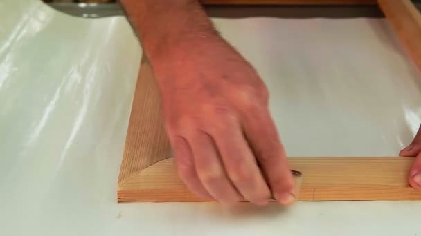 Carpenter Grinds Wooden Frame Hand — Stock Video