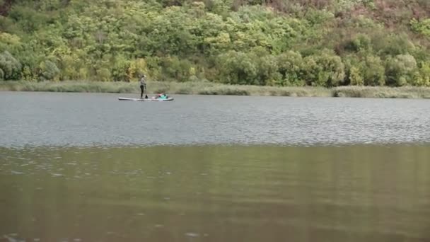 Les Touristes Kayak Nagent Long Rivière Parmi Les Roseaux — Video