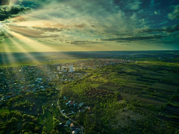 Aerial View Small Town Sunset — Stock Photo, Image