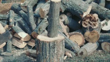 Evdeki ısıtma için odun kesen adamlar..