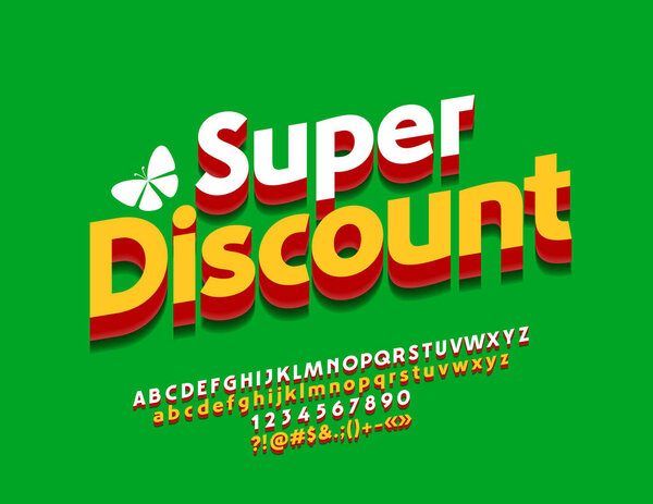 Colorful Creative Banner with text Super Discount. Trendy Bright Font. Vector set of 3D Alphabet Letters, Numbers and Symbols.