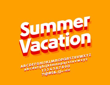 Vektör güneşli Poster yaz tatili. İzometrik Font Kırmızı gölge ile. 3D alfabesi harfleri, sayıları ve sembolleri.