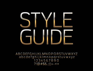 Vector Glossy sign Style Guide. Chic Golden Alphabet Letters, Numbers and Symbols clipart