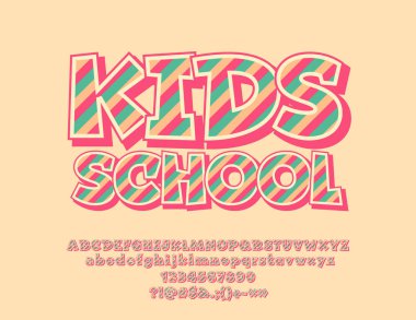 Vektör renkli logo çocuklar okulu. Parlak çizgili yazı tipi. Komik alfabesi harfleri, sayıları ve sembolleri