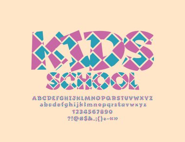 Vektör komik metin çocuklar okulu. Soyut çocuklar yazı tipi. Yaratıcı alfabesi harfleri, sayıları ve sembolleri