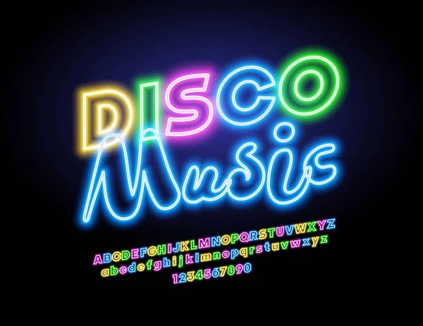 Logo Vettoriale Neon Disco Music Font Colorato Incandescente Lettere Numeri — Vettoriale Stock
