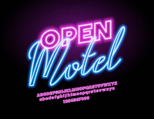 Izzó Neon Jel Nyílt Motel Vector Rózsaszín Fényt Betűtípus Elektromos — Stock Vector