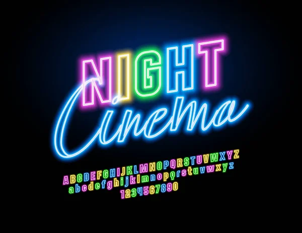 Bannière Vectorielle Cinéma Nocturne Néon Police Colorée Lumineuse Alphabet Lumineux — Image vectorielle