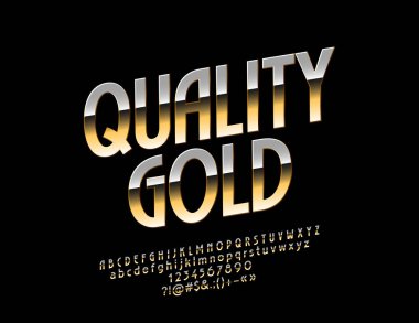 Vektör kalite altın parlak yazı tipi. Yansıtıcı lüks alfabesi harfleri, sayıları ve sembolleri