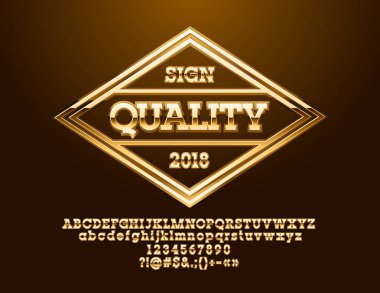 Vektör parlak altın etiket kalitesi. Degrade özel alfabesi harfleri, sayıları ve sembolleri kümesi