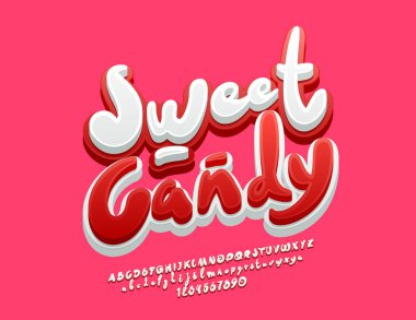 Vector cute Logo Sweet Candy. Handwritten Red and White Font. 3D funny Alphabet Letters, Numbers and Symbols clipart