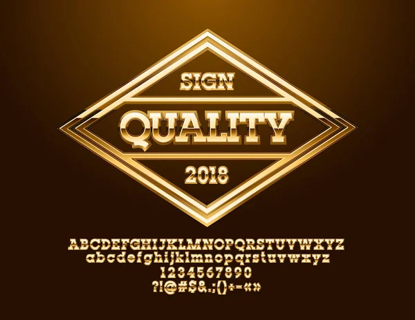 Vektör parlak altın etiket kalitesi. Degrade özel alfabesi harfleri, sayıları ve sembolleri kümesi