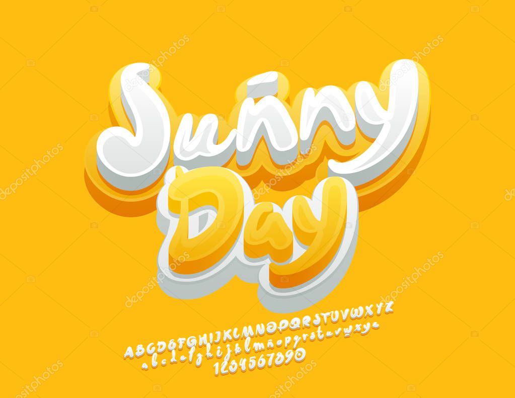 Vector cute Emblem Sunny Day. Handwritten Yellow and White Font. 3D funny Alphabet Letters, Numbers and Symbols