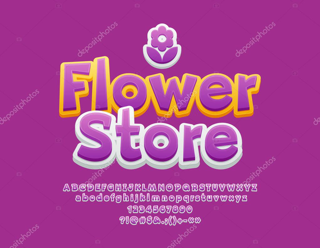 Flower Store Sign. Colorful set of Letters, Numbers and Symbols. Vector Alphabet with Cute Decorative Element.