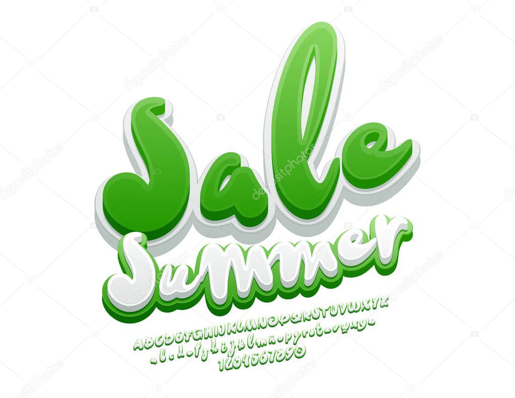 Vector fresh Logo Summer Sale. Green and White Alphabet Letters, Numbers and Symbols. Handwritten Font