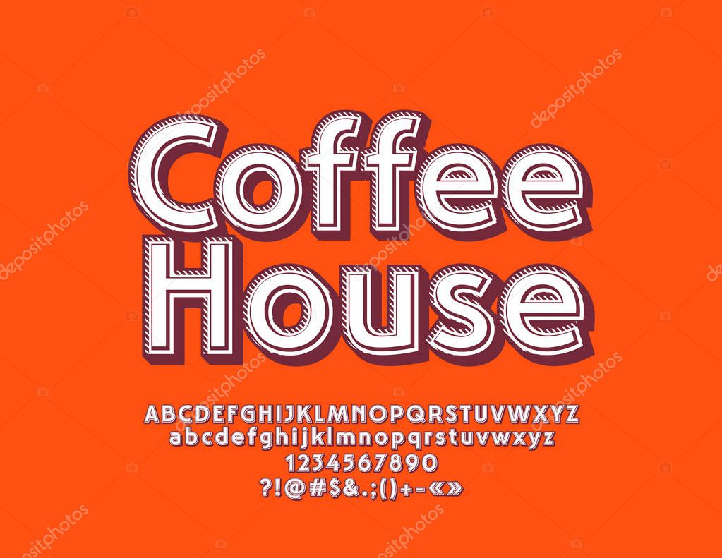 Vector Modern Logo Coffee House. Simple white Font with Shadow. Alphabet Letters, Numbers and Symbols for Marketing, Advertisement, Poster