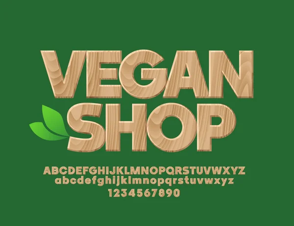 Vector Emblem Med Texten Vegan Shop Trä Texturerat Teckensnitt Bio — Stock vektor