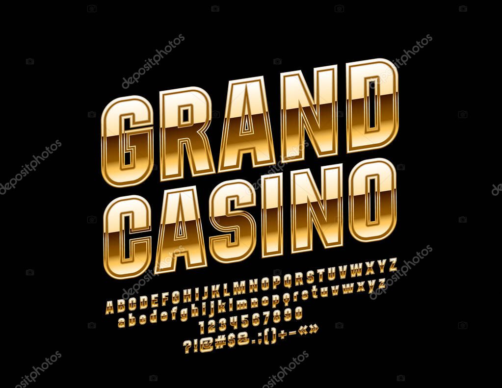 Vector Glossy Emblem Grand Casino. Luxury Golden rotated Alphabet Letters, Numbers and Symbols.